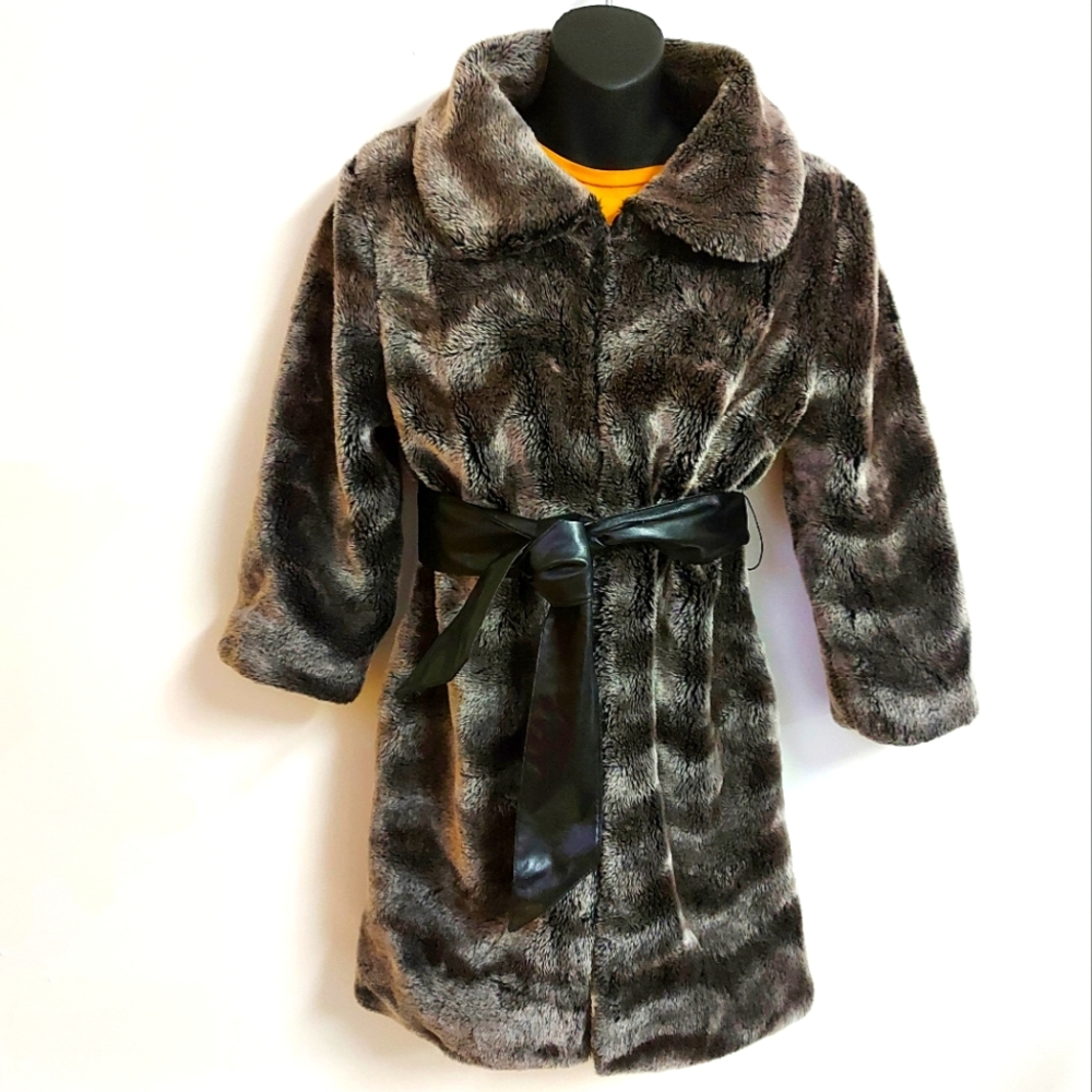 Vintage Grey Vegan Faux Fur Coat with Black Faux Leather Belt, Size Medium